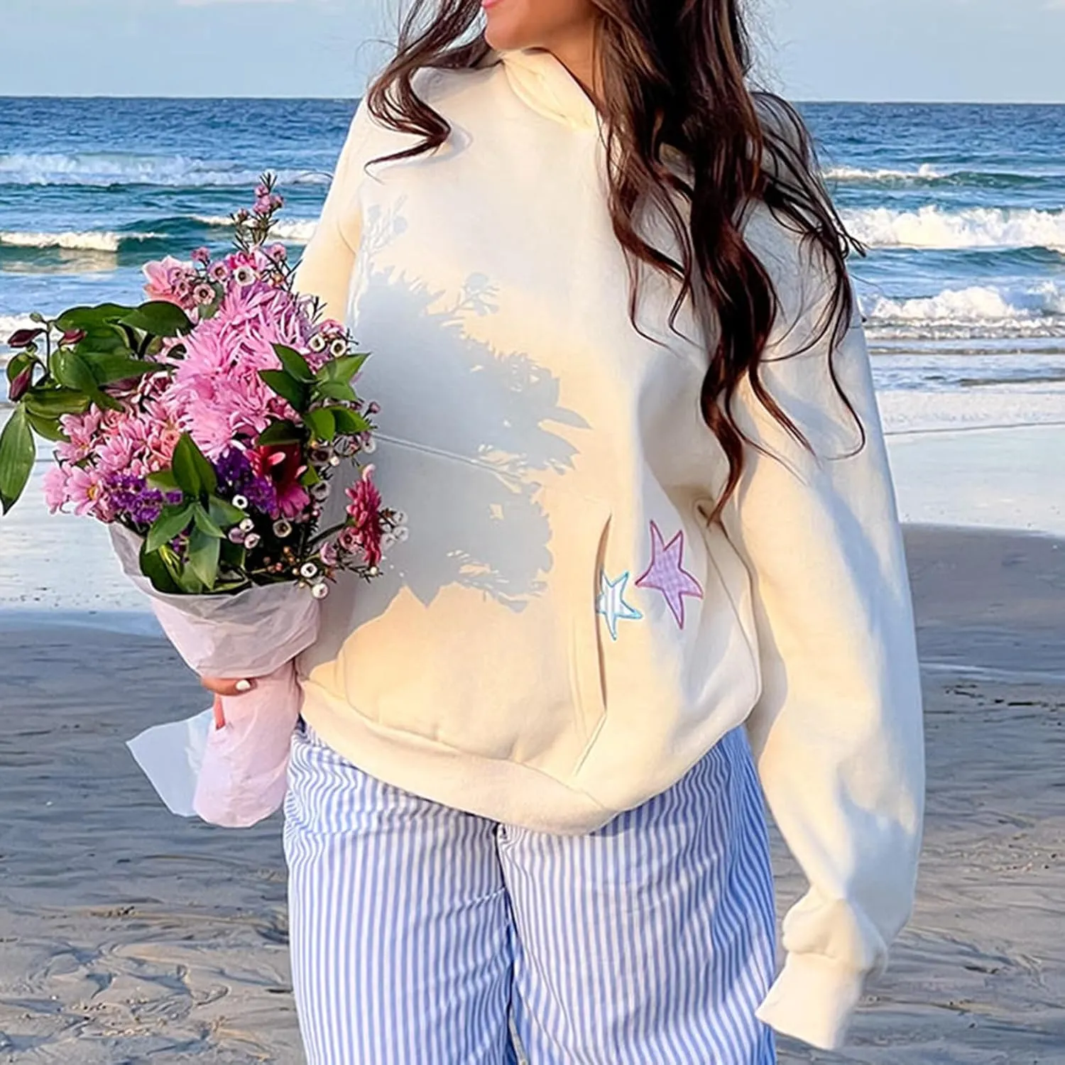 Women Cute Oversized Hoodies Y2k Graphic Embroidered Top Teen Girl Preppy Loose Fit Flower Fall Sweatshirt Streetwear