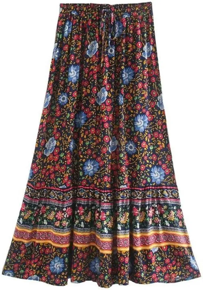 Women Floral Printed High Elastic Waist Beach Bohemian Long Skirt Rayon Cotton A-Line Maxi Skirts