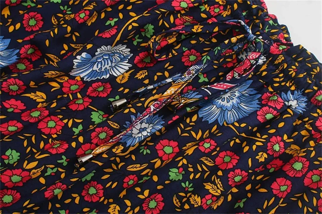 Women Floral Printed High Elastic Waist Beach Bohemian Long Skirt Rayon Cotton A-Line Maxi Skirts