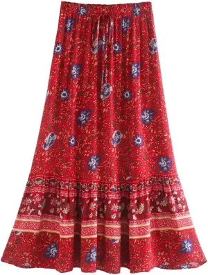 Women Floral Printed High Elastic Waist Beach Bohemian Long Skirt Rayon Cotton A-Line Maxi Skirts