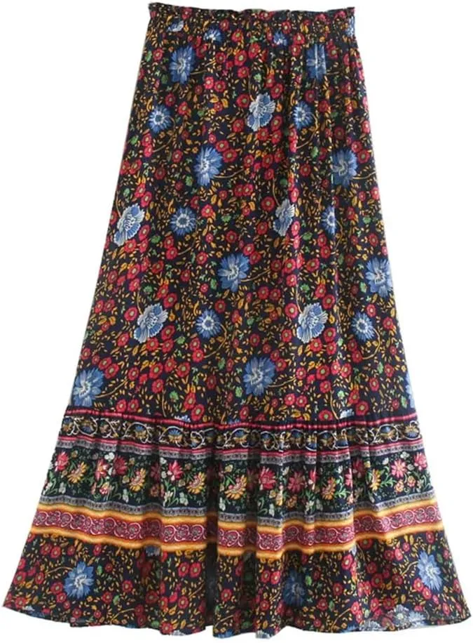 Women Floral Printed High Elastic Waist Beach Bohemian Long Skirt Rayon Cotton A-Line Maxi Skirts
