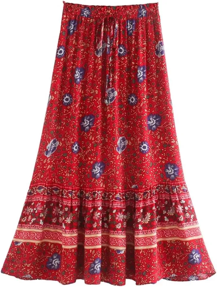 Women Floral Printed High Elastic Waist Beach Bohemian Long Skirt Rayon Cotton A-Line Maxi Skirts