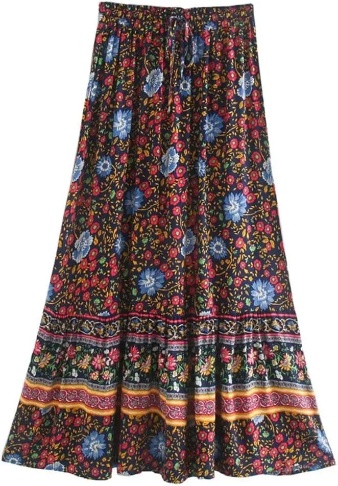 Women Floral Printed High Elastic Waist Beach Bohemian Long Skirt Rayon Cotton A-Line Maxi Skirts