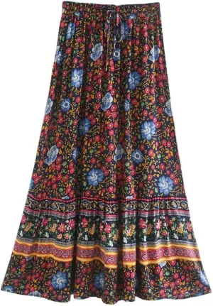 Women Floral Printed High Elastic Waist Beach Bohemian Long Skirt Rayon Cotton A-Line Maxi Skirts