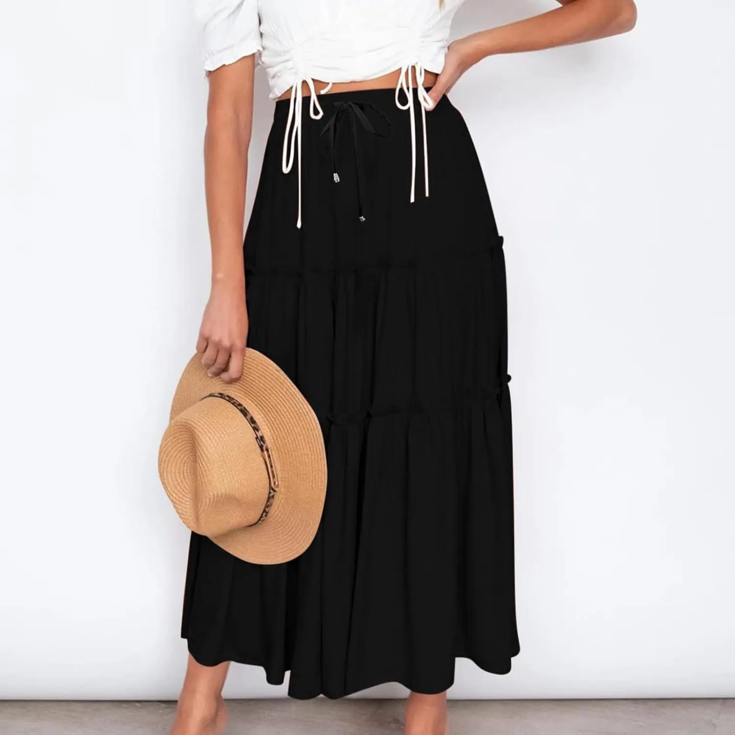 Women High Waist Casual Maxi Skirts Elastic Drawstring Pleated Long Skirt Loose Swing Beach Boho Skirt Half Dress