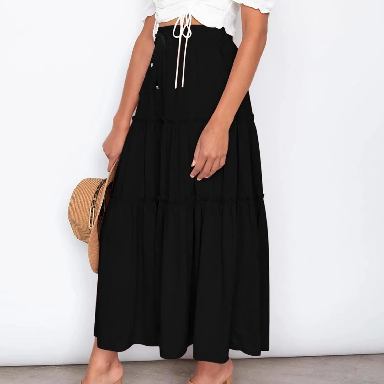 Women High Waist Casual Maxi Skirts Elastic Drawstring Pleated Long Skirt Loose Swing Beach Boho Skirt Half Dress