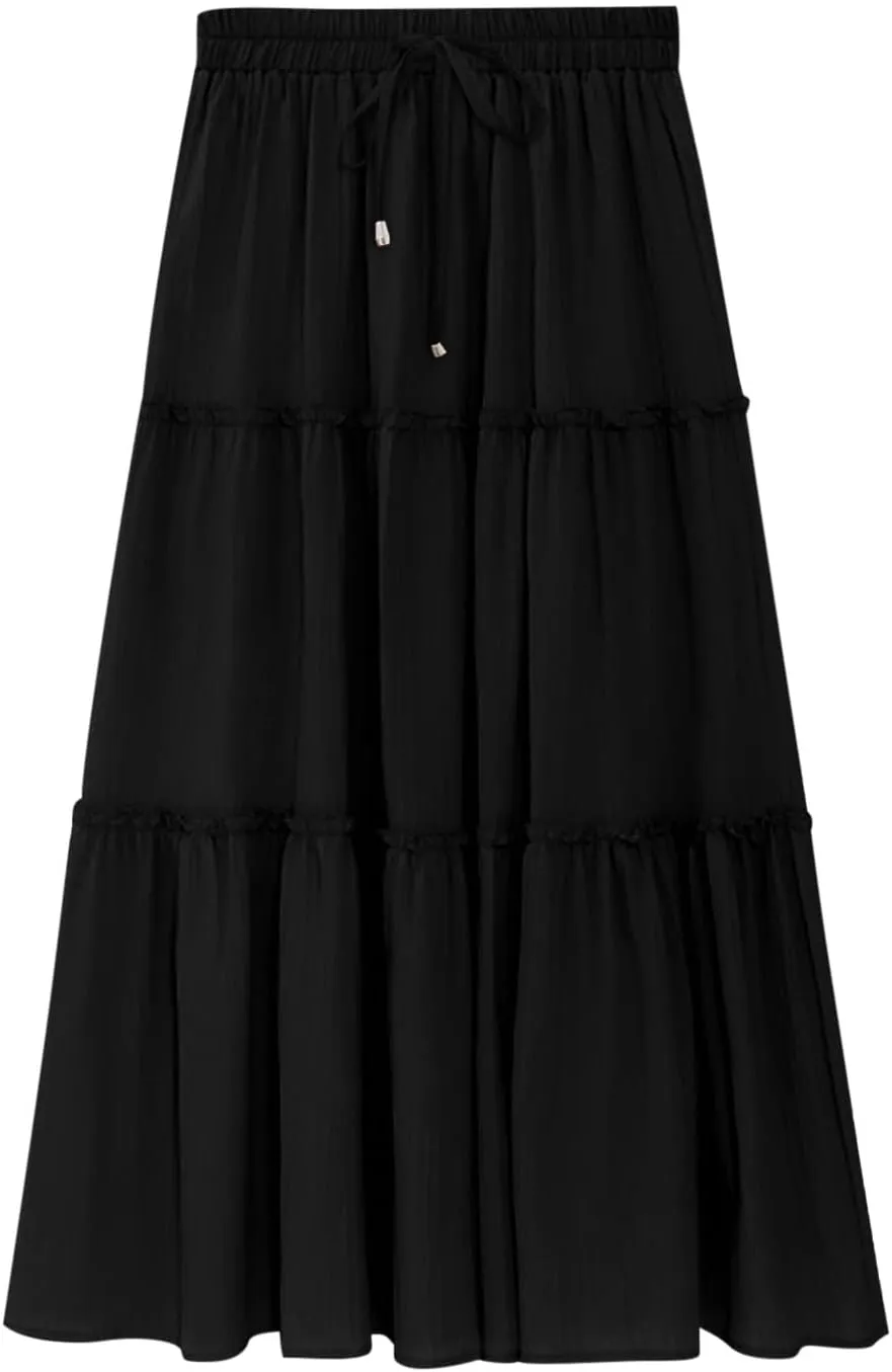 Women High Waist Casual Maxi Skirts Elastic Drawstring Pleated Long Skirt Loose Swing Beach Boho Skirt Half Dress