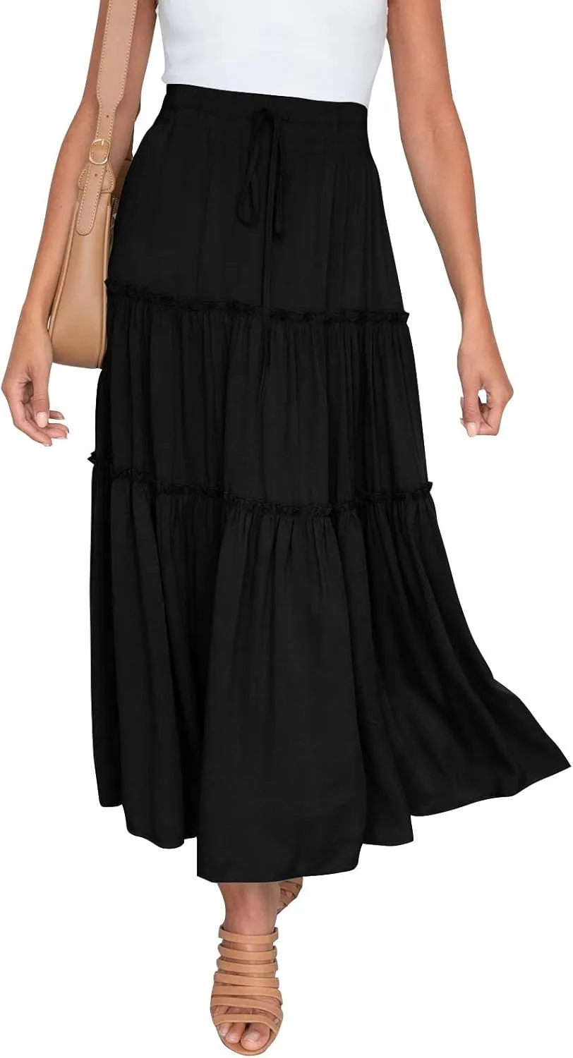 Women High Waist Casual Maxi Skirts Elastic Drawstring Pleated Long Skirt Loose Swing Beach Boho Skirt Half Dress