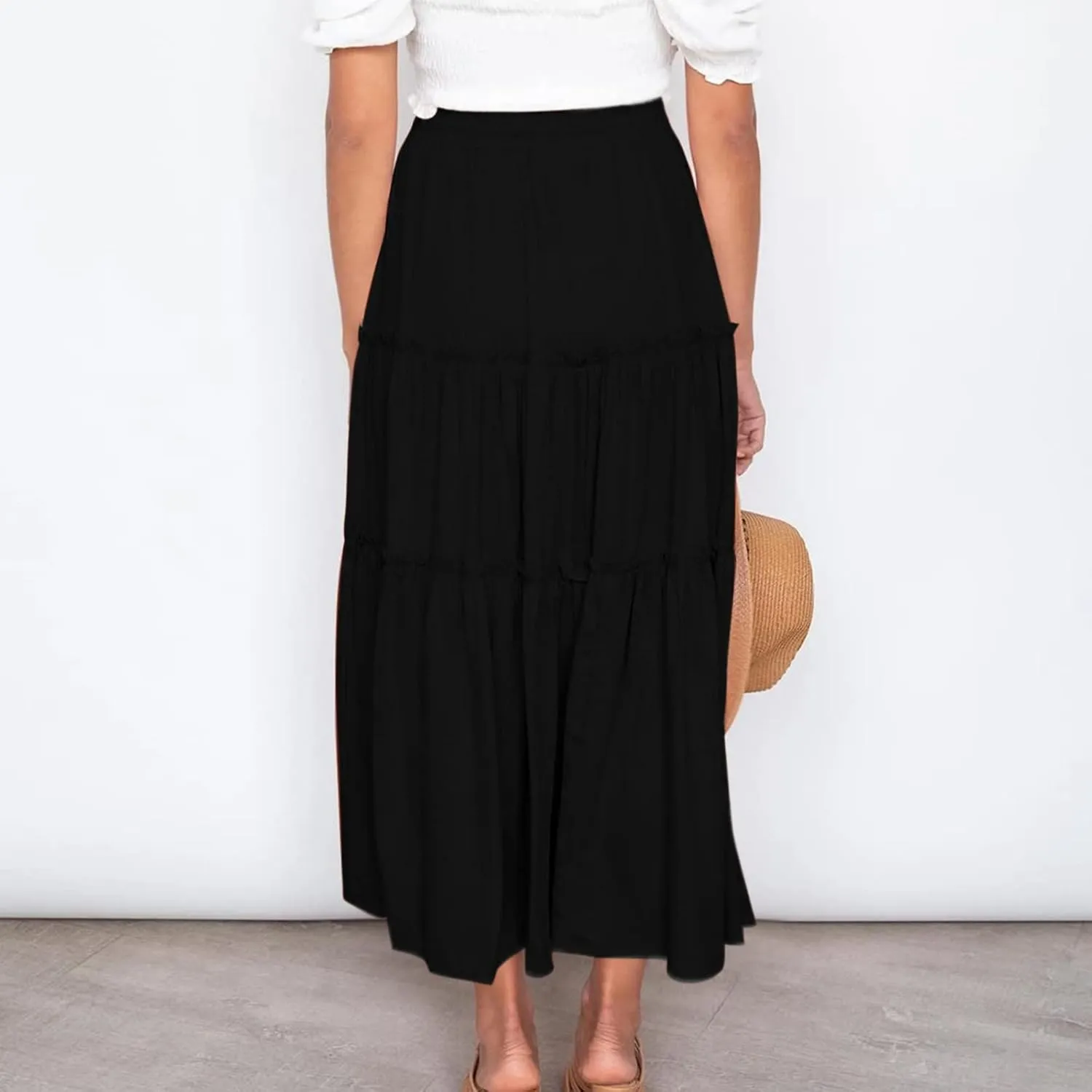 Women High Waist Casual Maxi Skirts Elastic Drawstring Pleated Long Skirt Loose Swing Beach Boho Skirt Half Dress