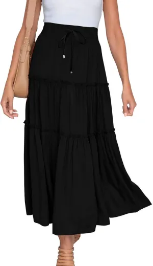 Women High Waist Casual Maxi Skirts Elastic Drawstring Pleated Long Skirt Loose Swing Beach Boho Skirt Half Dress