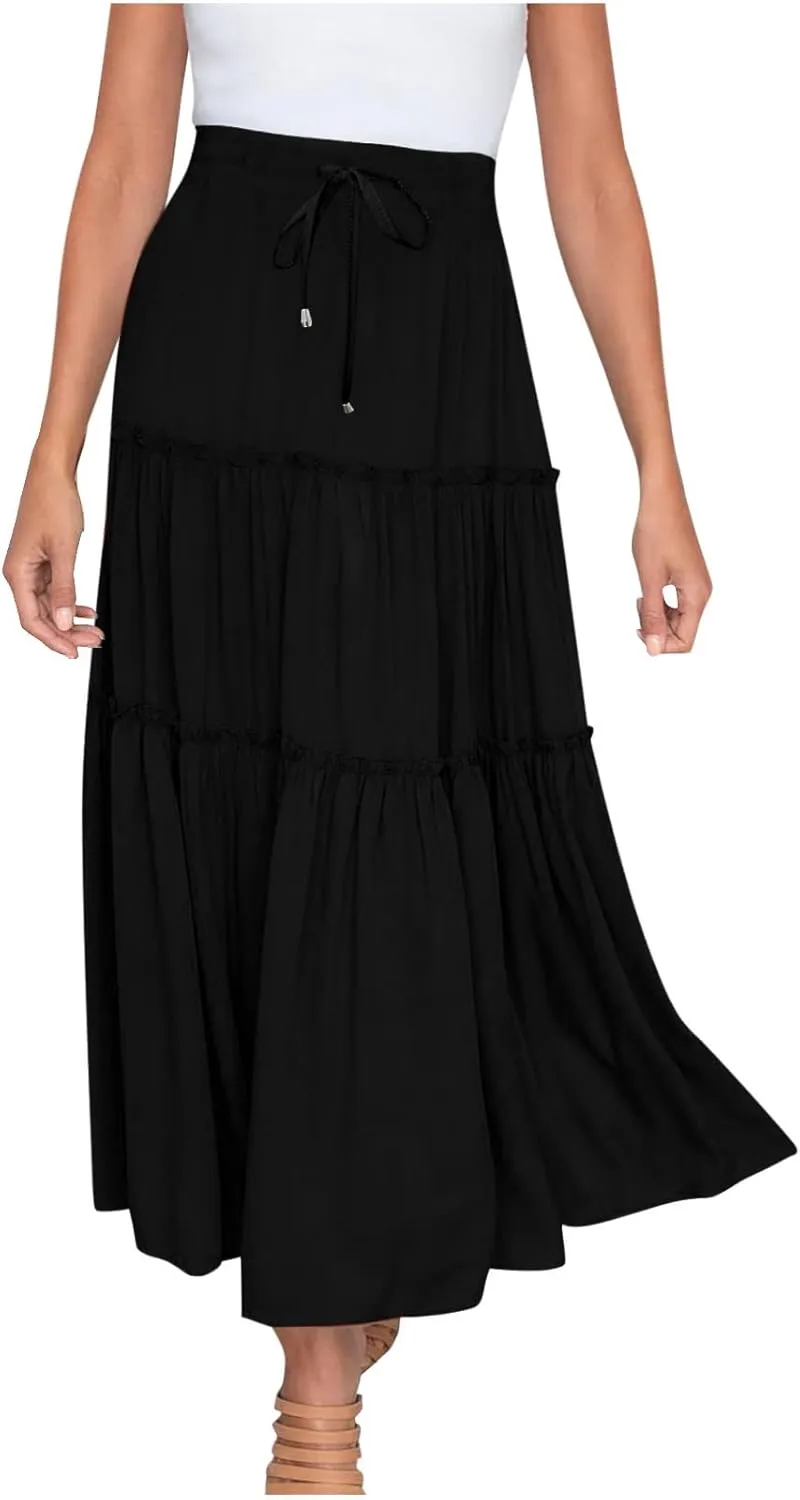 Women High Waist Casual Maxi Skirts Elastic Drawstring Pleated Long Skirt Loose Swing Beach Boho Skirt Half Dress