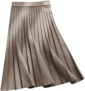 Women Knitted Midi Skirt Elegant A-Line High Waist Pleated Long Skirt Spring Autumn Winter Casual Skirt