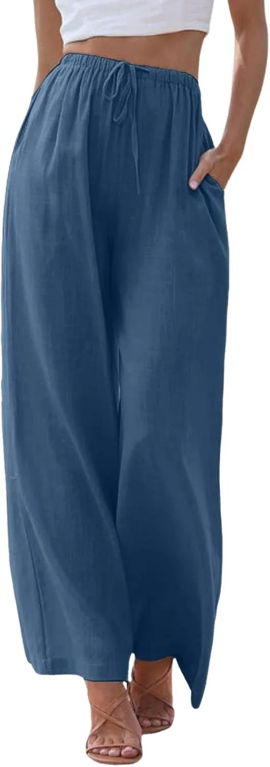 Women Linen Pants 2025 Summer Casual Loose Wide Leg Palazzo Pants Lightweight High Waist Beach Flowy Trousers