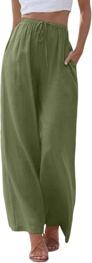 Women Linen Pants 2025 Summer Casual Loose Wide Leg Palazzo Pants Lightweight High Waist Beach Flowy Trousers