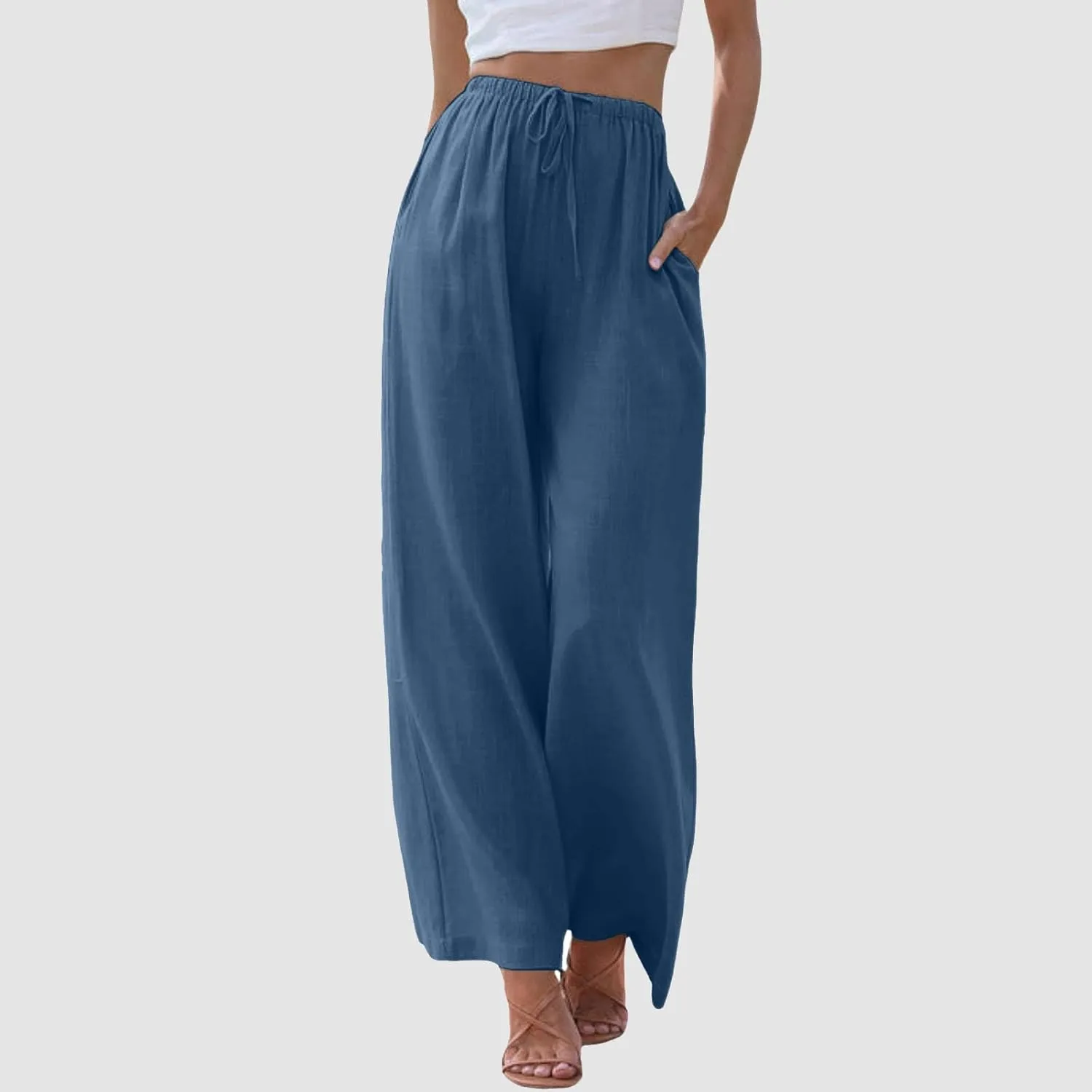 Women Linen Pants 2025 Summer Casual Loose Wide Leg Palazzo Pants Lightweight High Waist Beach Flowy Trousers