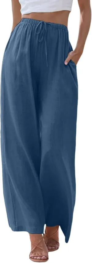 Women Linen Pants 2025 Summer Casual Loose Wide Leg Palazzo Pants Lightweight High Waist Beach Flowy Trousers