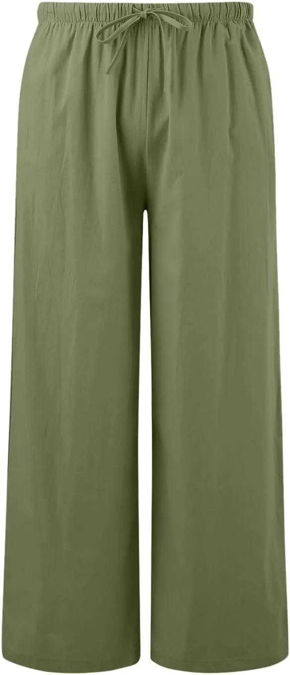 Women Linen Pants 2025 Summer Casual Loose Wide Leg Palazzo Pants Lightweight High Waist Beach Flowy Trousers