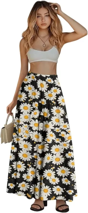 Women Long Skirts with Pockets Bohemian Casual Flowy High Waisted Ankle Length Maxi Skirt for Party Prom