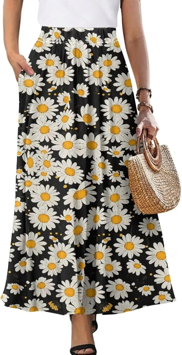 Women Long Skirts with Pockets Bohemian Casual Flowy High Waisted Ankle Length Maxi Skirt for Party Prom