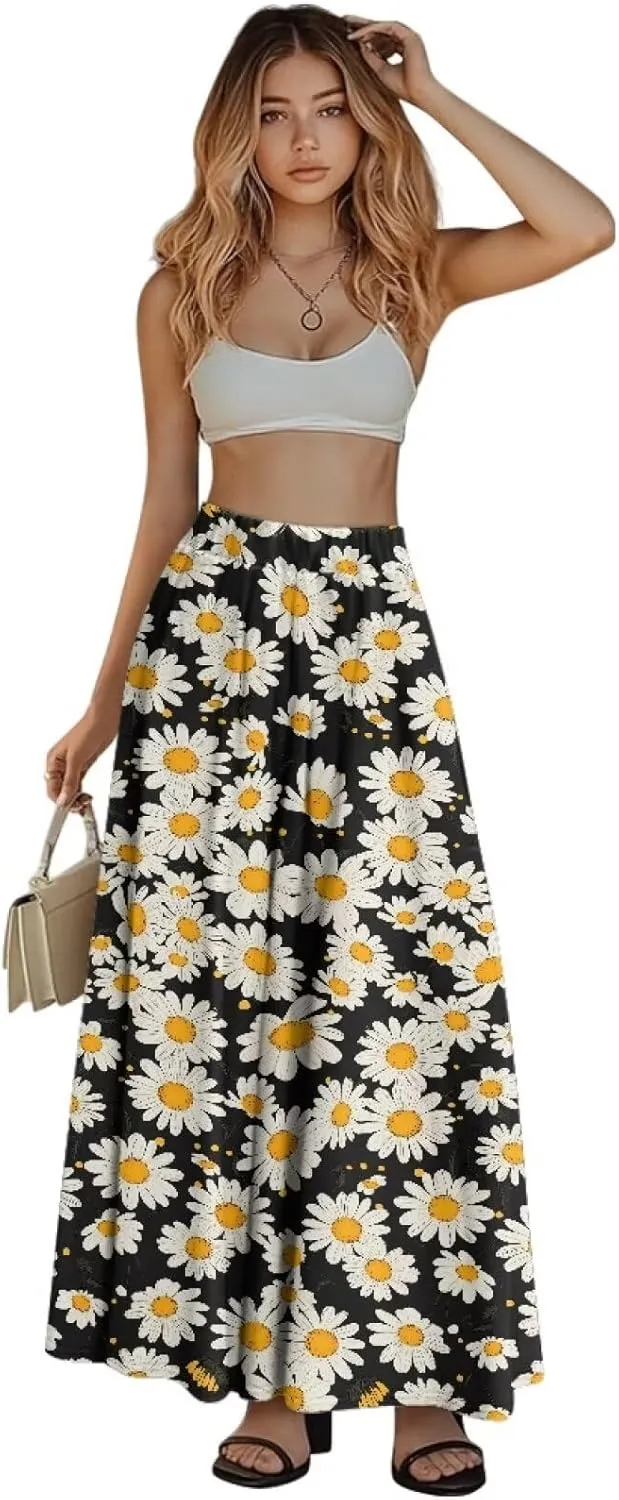Women Long Skirts with Pockets Bohemian Casual Flowy High Waisted Ankle Length Maxi Skirt for Party Prom