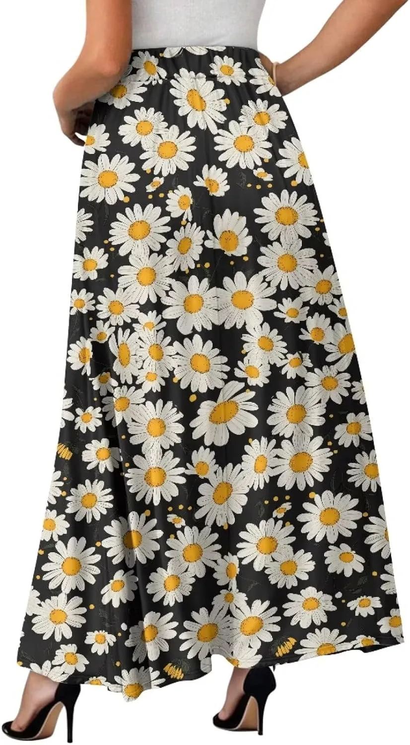Women Long Skirts with Pockets Bohemian Casual Flowy High Waisted Ankle Length Maxi Skirt for Party Prom