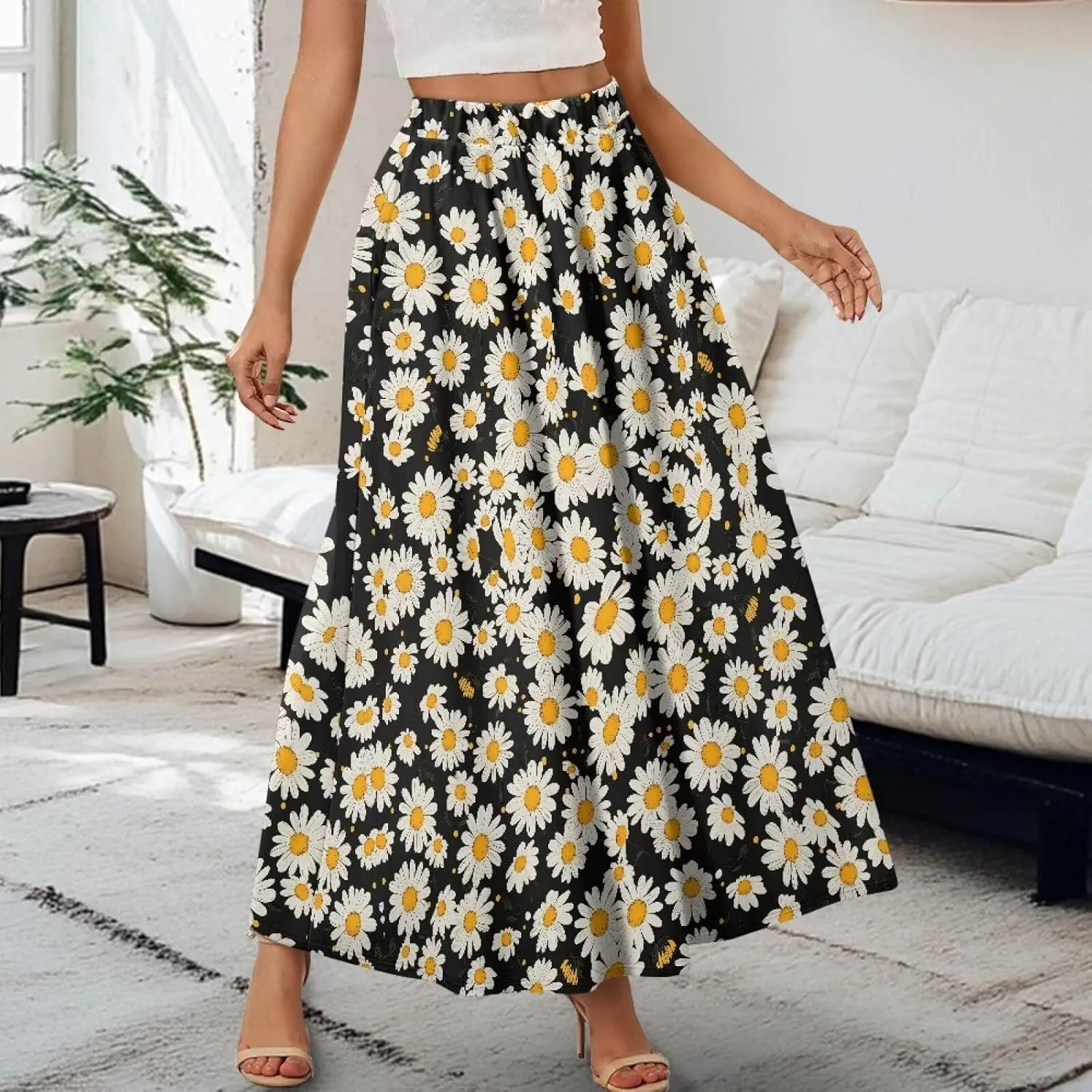 Women Long Skirts with Pockets Bohemian Casual Flowy High Waisted Ankle Length Maxi Skirt for Party Prom
