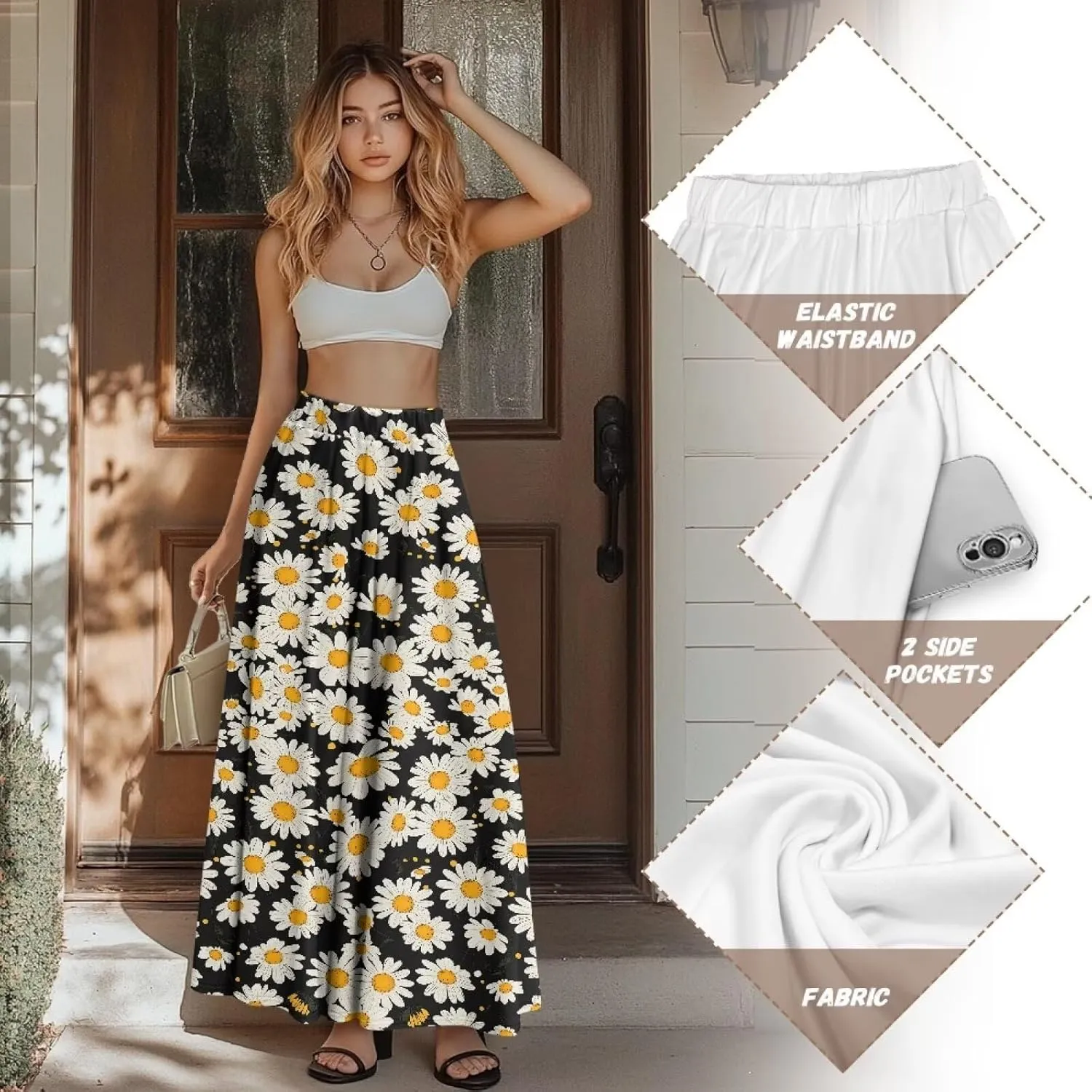 Women Long Skirts with Pockets Bohemian Casual Flowy High Waisted Ankle Length Maxi Skirt for Party Prom