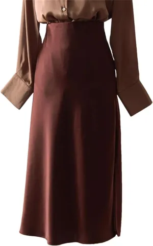 Women Midi Satin Skirts Summer Slim Fit Silk A Line Casual Solid Midi Skirt