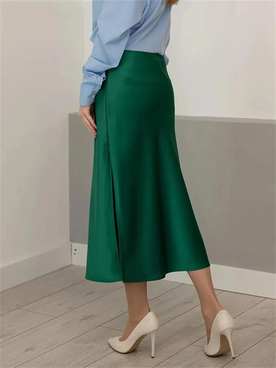 Women Midi Satin Skirts Summer Slim Fit Silk A Line Casual Solid Midi Skirt