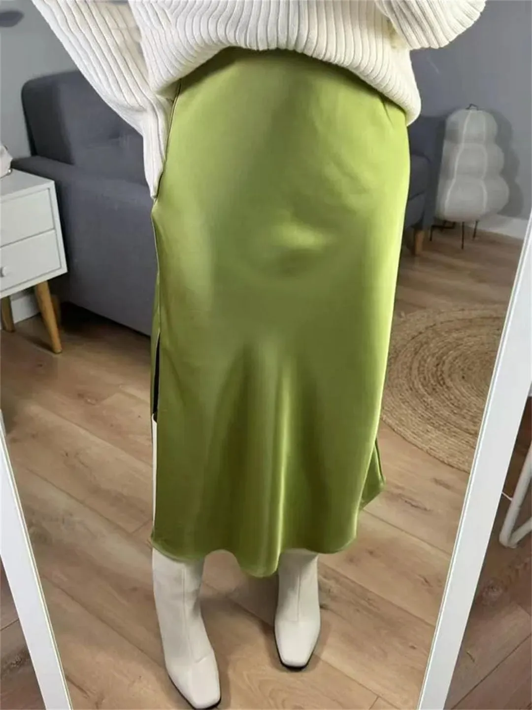 Women Midi Satin Skirts Summer Slim Fit Silk A Line Casual Solid Midi Skirt