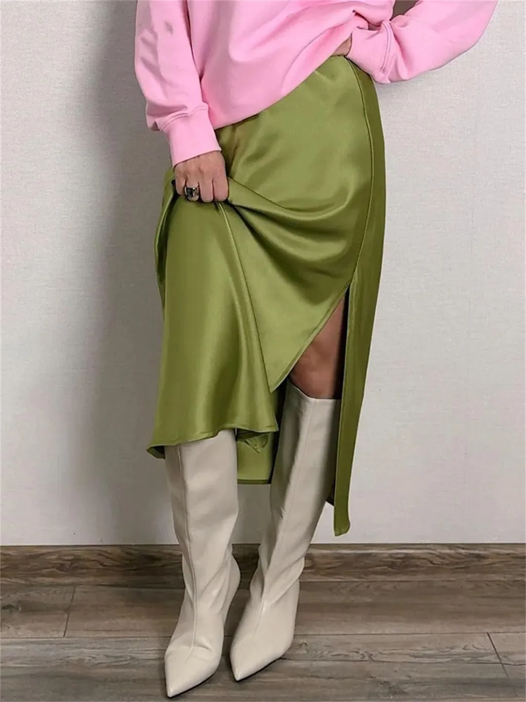 Women Midi Satin Skirts Summer Slim Fit Silk A Line Casual Solid Midi Skirt