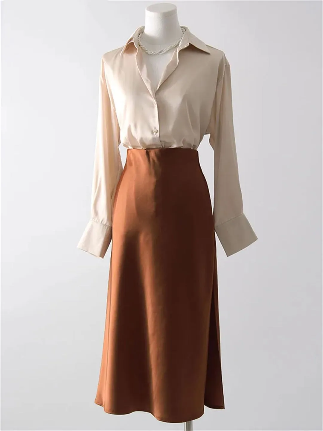 Women Midi Satin Skirts Summer Slim Fit Silk A Line Casual Solid Midi Skirt