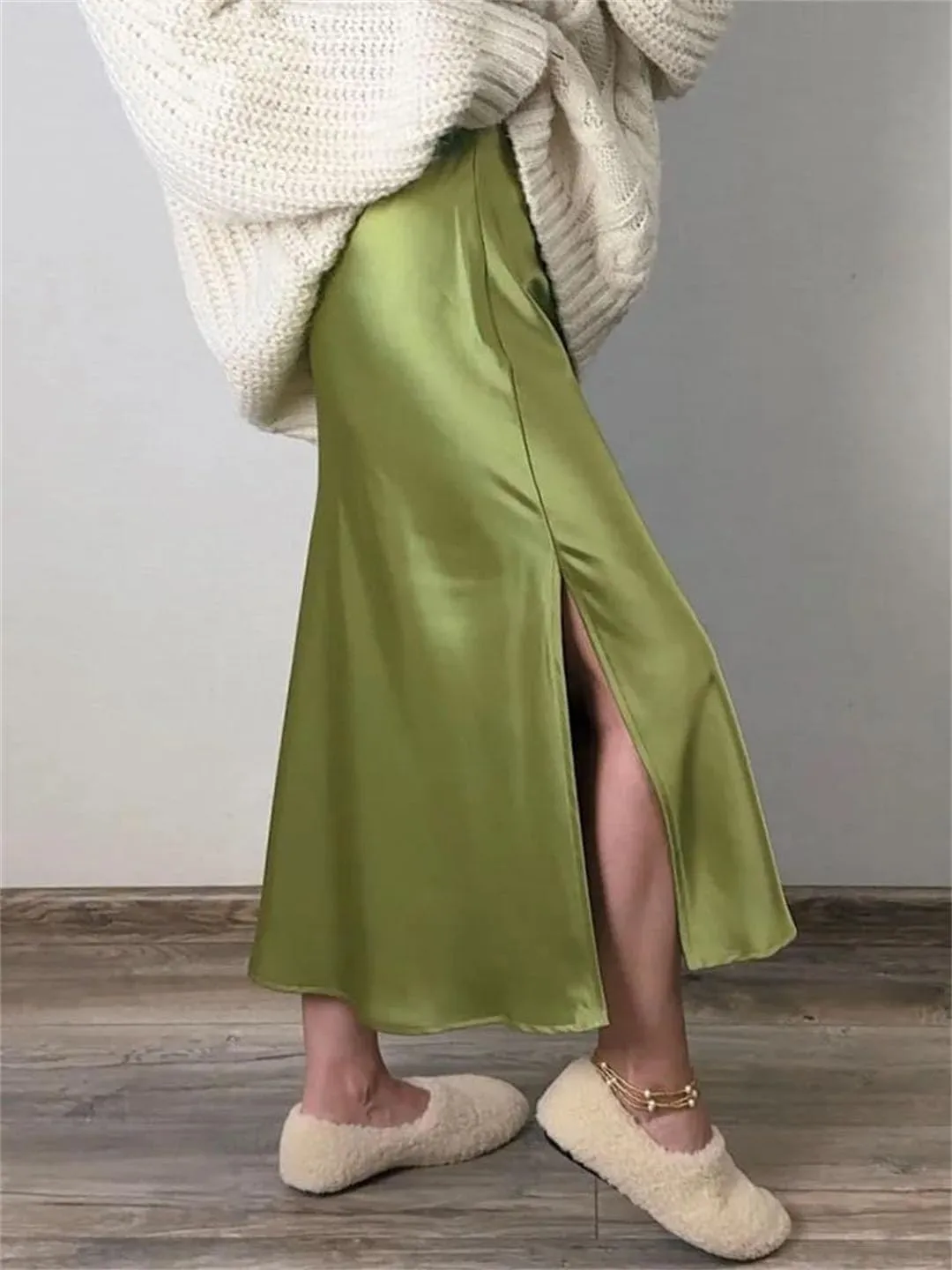 Women Midi Satin Skirts Summer Slim Fit Silk A Line Casual Solid Midi Skirt