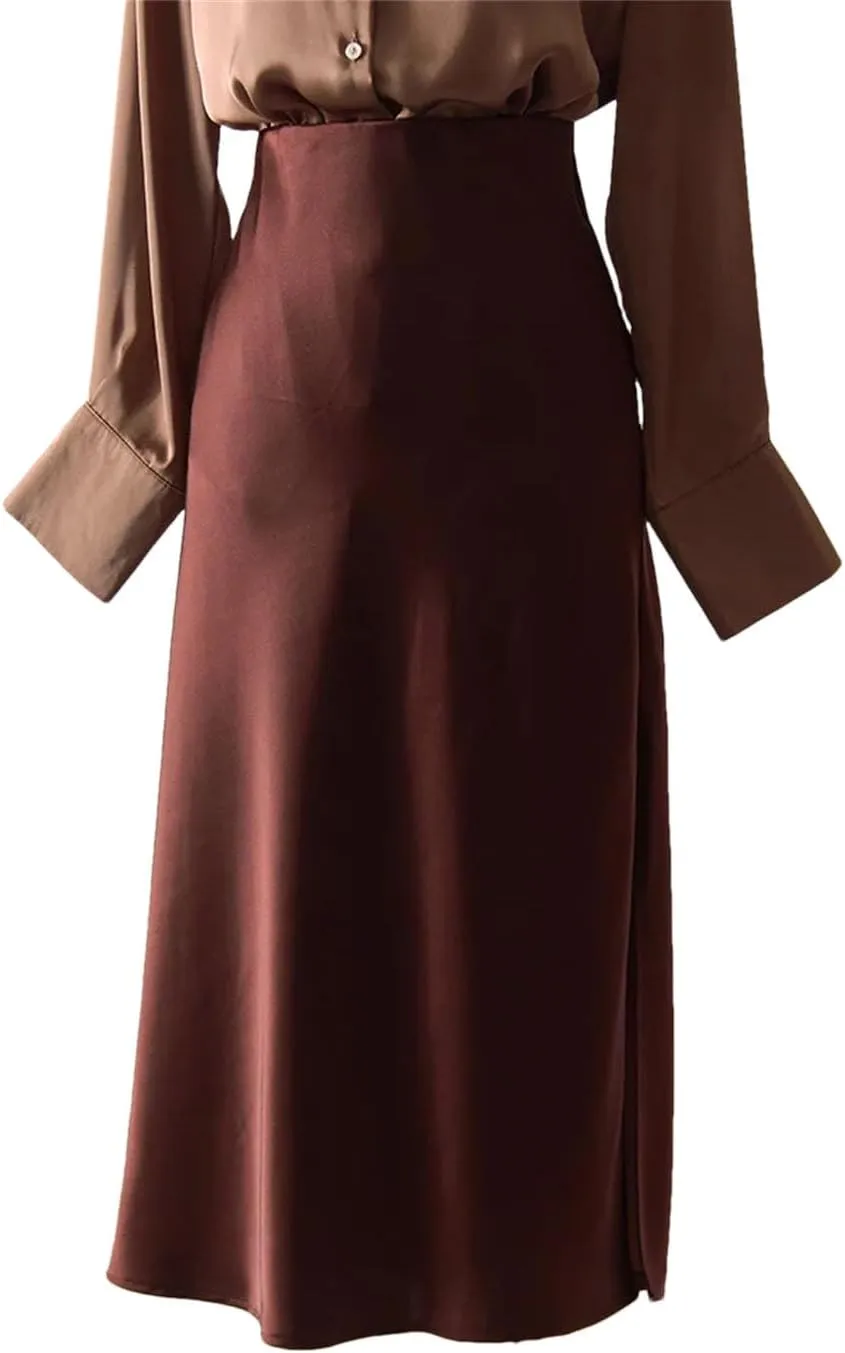 Women Midi Satin Skirts Summer Slim Fit Silk A Line Casual Solid Midi Skirt