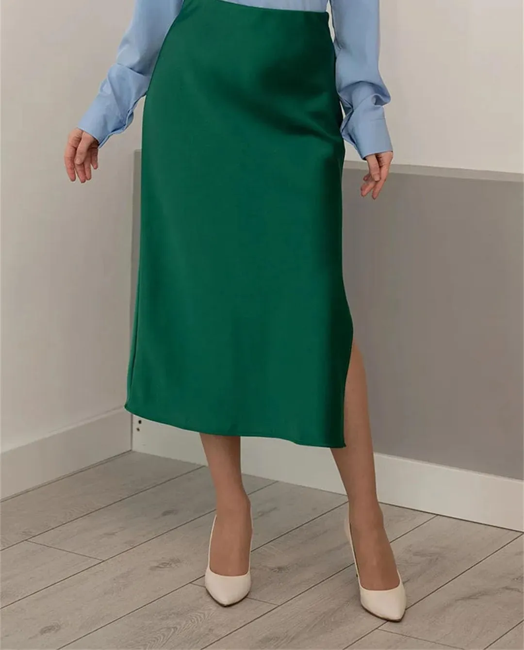 Women Midi Satin Skirts Summer Slim Fit Silk A Line Casual Solid Midi Skirt