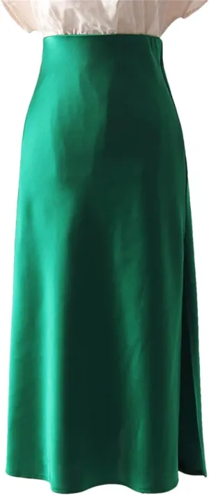 Women Midi Satin Skirts Summer Slim Fit Silk A Line Casual Solid Midi Skirt