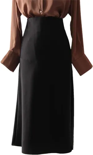 Women Midi Satin Skirts Summer Slim Fit Silk A Line Casual Solid Midi Skirt