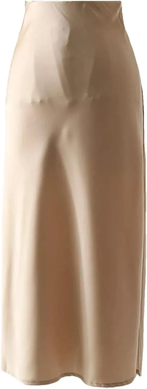 Women Office Midi Skirts High Waist Elegant Silk Solid Satin Skirt with Slit On The Side