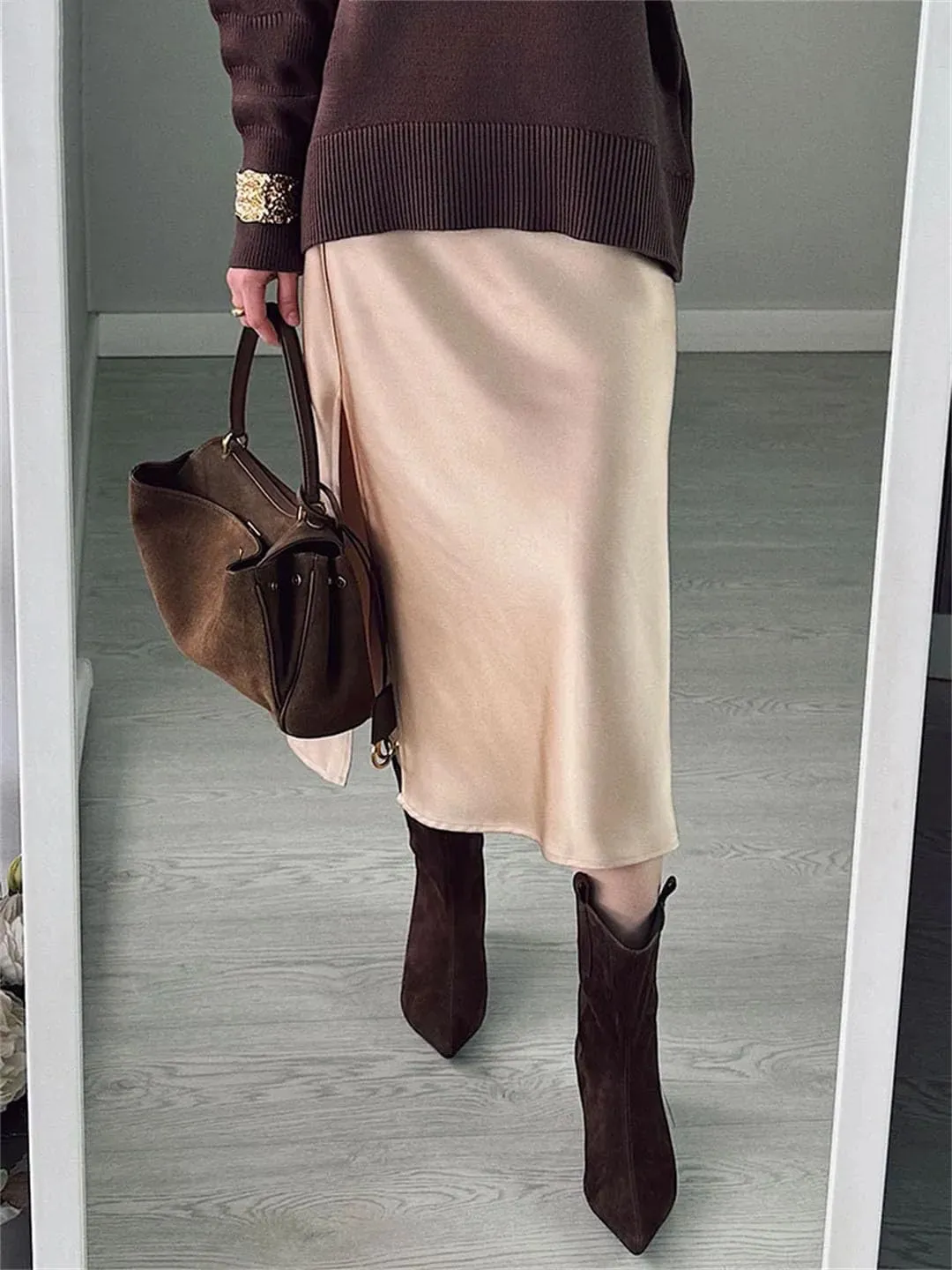 Women Office Midi Skirts High Waist Elegant Silk Solid Satin Skirt with Slit On The Side