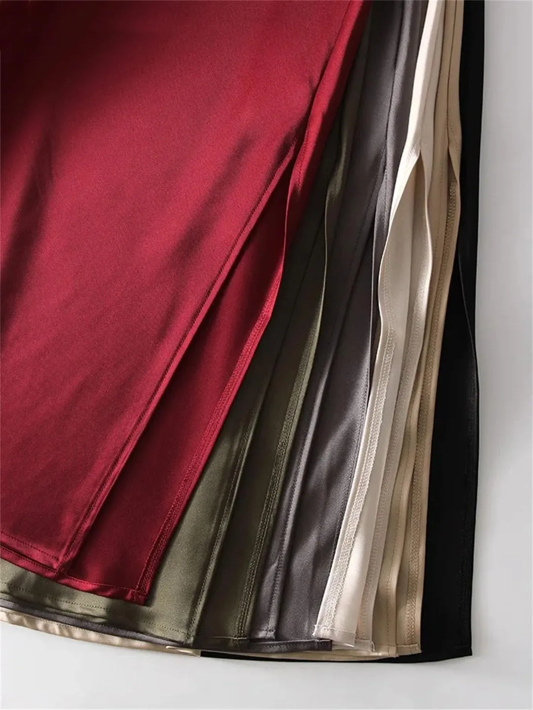 Women Office Midi Skirts High Waist Elegant Silk Solid Satin Skirt with Slit On The Side