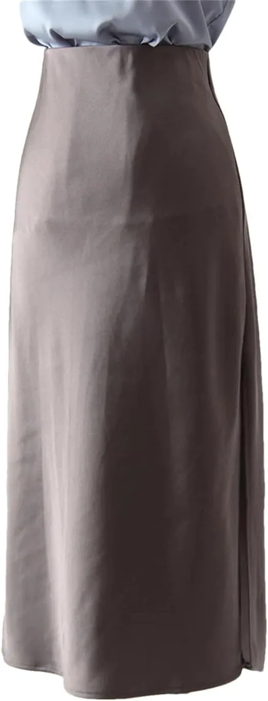 Women Office Midi Skirts High Waist Elegant Silk Solid Satin Skirt with Slit On The Side