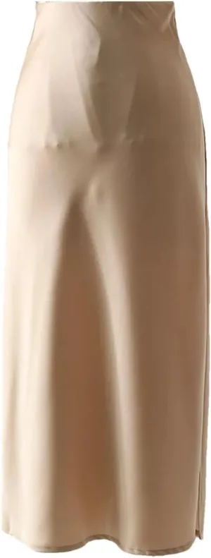 Women Office Midi Skirts High Waist Elegant Silk Solid Satin Skirt with Slit On The Side