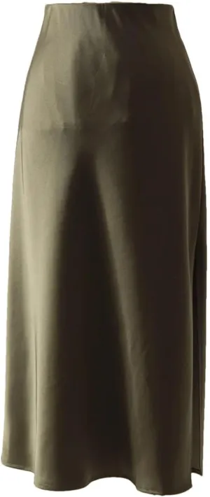 Women Office Midi Skirts High Waist Elegant Silk Solid Satin Skirt with Slit On The Side