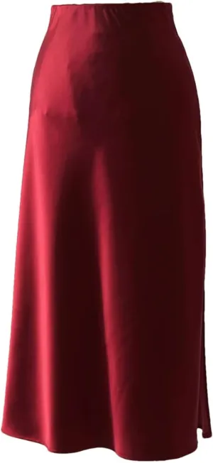 Women Office Midi Skirts High Waist Elegant Silk Solid Satin Skirt with Slit On The Side