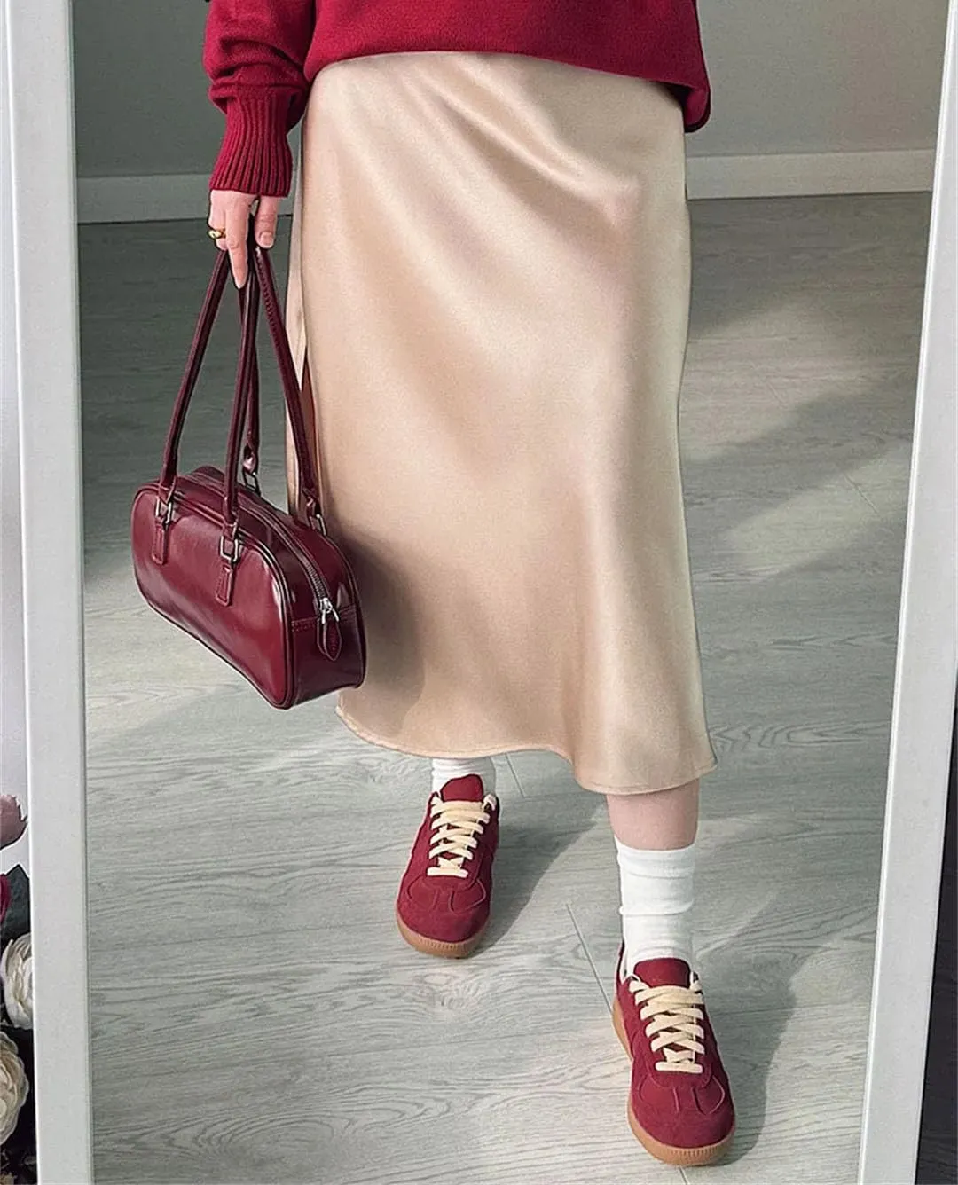 Women Office Midi Skirts High Waist Elegant Silk Solid Satin Skirt with Slit On The Side