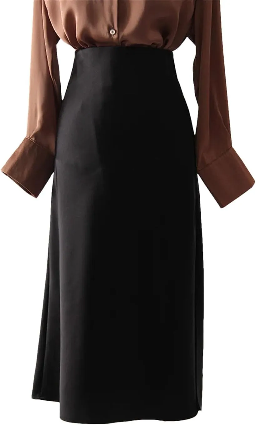 Women Office Midi Skirts High Waist Elegant Silk Solid Satin Skirt with Slit On The Side
