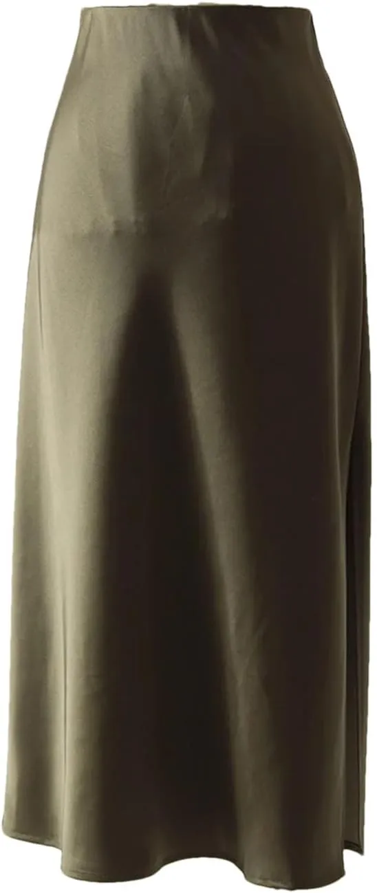 Women Office Midi Skirts High Waist Elegant Silk Solid Satin Skirt with Slit On The Side