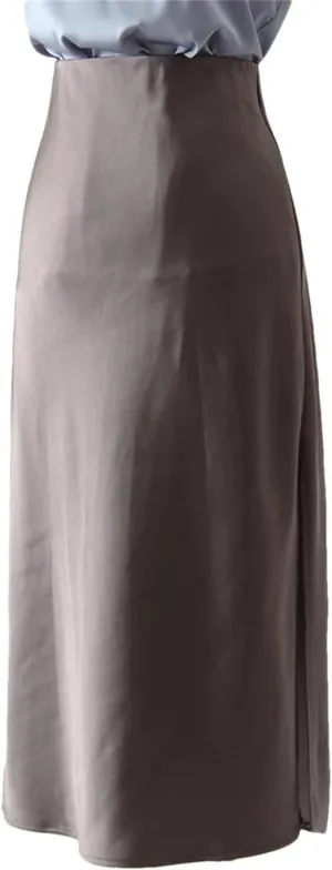Women Office Midi Skirts High Waist Elegant Silk Solid Satin Skirt with Slit On The Side