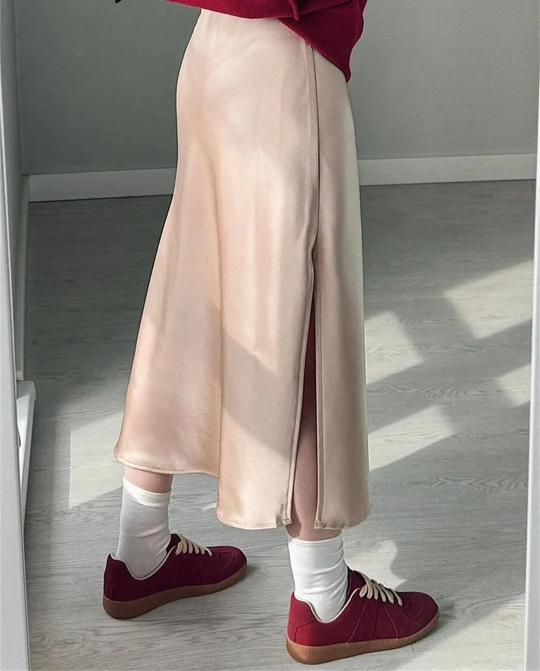 Women Office Midi Skirts High Waist Elegant Silk Solid Satin Skirt with Slit On The Side