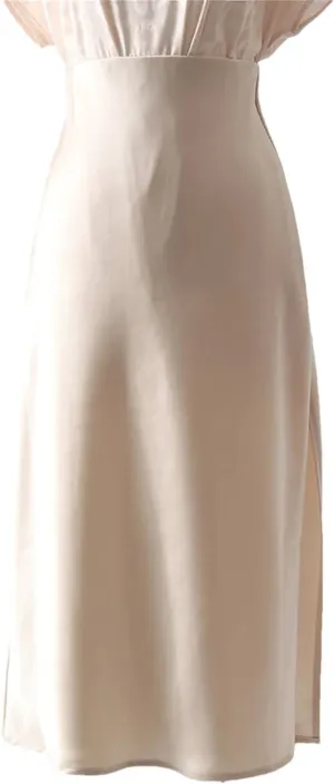 Women Office Midi Skirts High Waist Elegant Silk Solid Satin Skirt with Slit On The Side